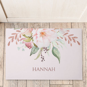 Monogram Elegant Pink Rose and Peony Floral Doormat