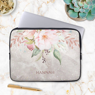 Monogram Elegant Pink Rose and Peony Floral Laptop Sleeve