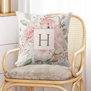 Monogram Elegant Pink Rose Peony Floral Bouquet  Cushion