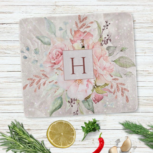 Monogram Elegant Pink Rose Peony Floral Marble Cutting Board (In situ)