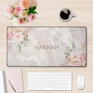Monogram Elegant Pink Rose Peony Floral Marble Desk Mat