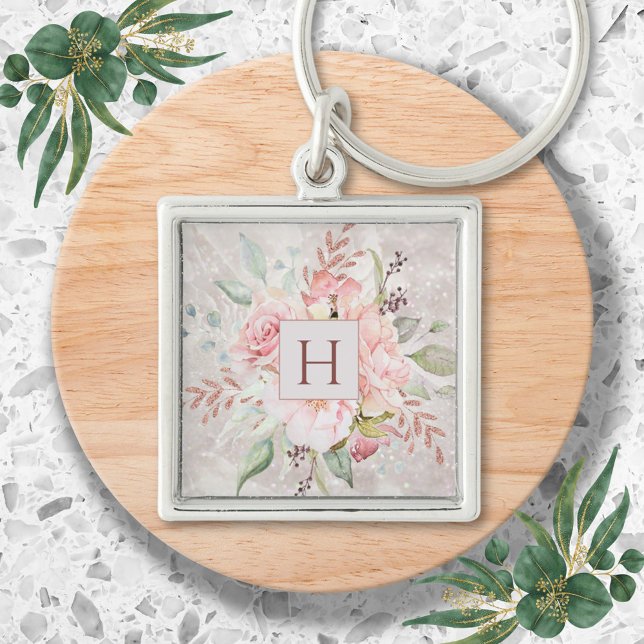 Monogram Elegant Pink Rose Peony Floral Marble Key Ring (In situ)