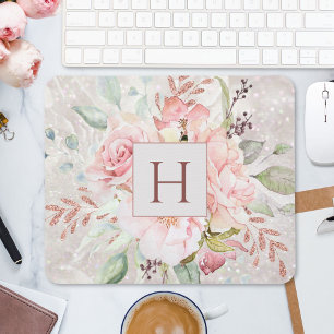 Monogram Elegant Pink Rose Peony Floral Marble Mouse Mat