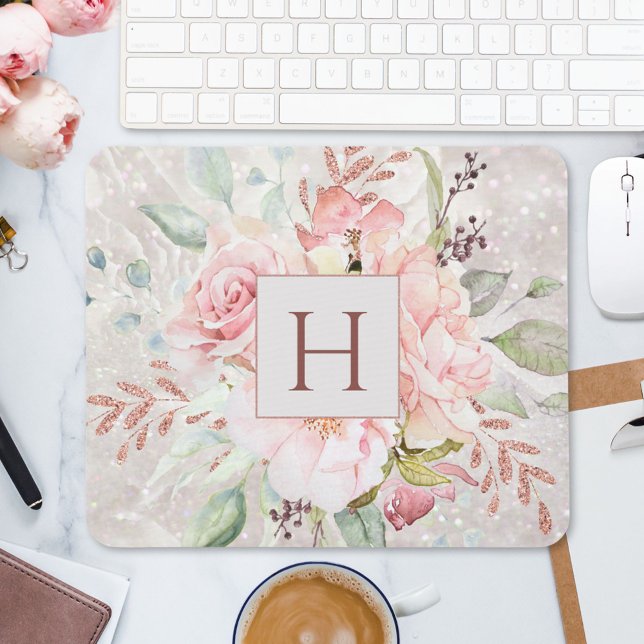 Monogram Elegant Pink Rose Peony Floral Marble Mouse Mat (In situ)