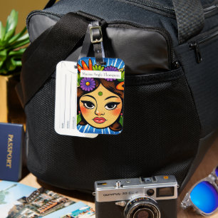 Monogram elegant pop art girl with flower Blue Luggage Tag