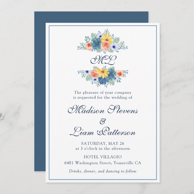 Monogram Elegant Pretty Floral Succulent Macaron Invitation (Front/Back)