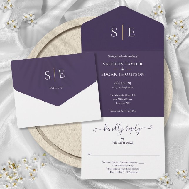 Monogram Elegant Purple And Gold Wedding All In One Invitation (Monogram Elegant Purple And Gold Wedding All In One Invitation)