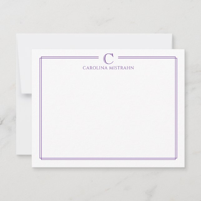 Monogram Elegant Purple Border Stationery Card (Front)