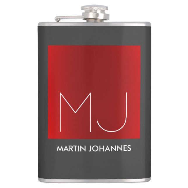 Monogram Elegant Red Grey Add Name Initials Hip Flask (Front)