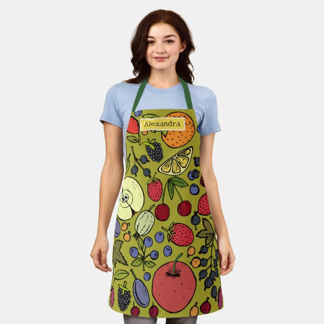 Monogram elegant retro pattern of fruits l Olive Apron (Worn)