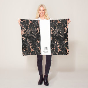 Monogram Elegant Rose Gold Black Marble Fleece Blanket