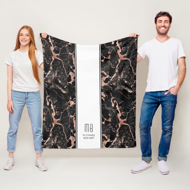 Monogram Elegant Rose Gold Black Marble Fleece Blanket (In Situ)