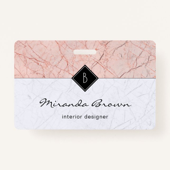 Monogram Elegant Rose Gold Grey Marble Badge ID Badge (Front)
