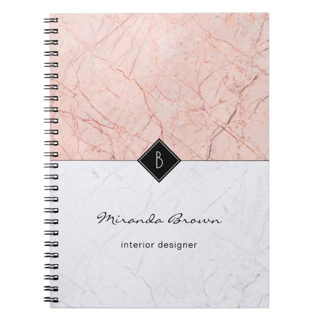 Monogram Elegant Rose Gold Grey Marble Notebook (Front)