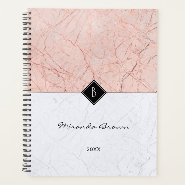 Monogram Elegant Rose Gold Grey Marble Planner (Front)
