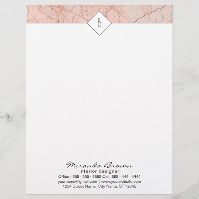 Monogram Elegant Rose Gold Marble Letterhead Template (Front)