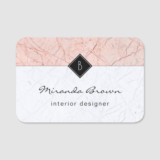 Monogram Elegant Rose Gold Marble Professional Name Tag (Front)