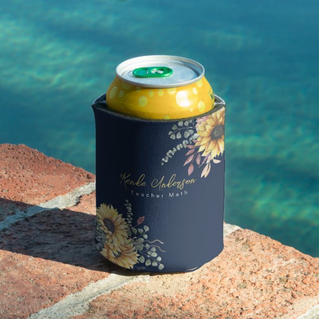 Monogram Elegant Rustic Sunflowers Math Teacher Can Cooler (In Situ Pool)