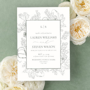 Monogram Elegant Sage Green Floral Line Wedding Invitation