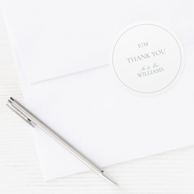 Monogram Elegant Sage Green Thank You Wedding Classic Round Sticker (Wedding Thank You Sticker)