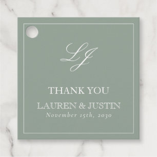 Monogram Elegant Sage Green Thank You Wedding Favour Tags