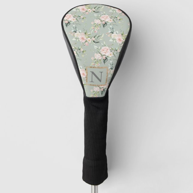 Monogram Elegant Sage Pink Floral Golf Head Cover (Front)