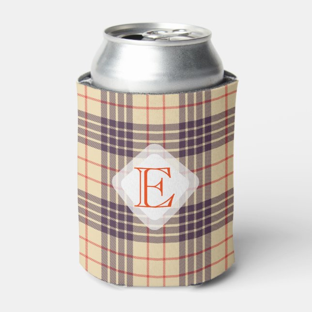 Monogram, elegant Scottish clan beige plaid tartan Can Cooler (Can Front)