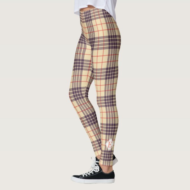 Monogram, elegant Scottish clan beige plaid tartan Leggings (Left)