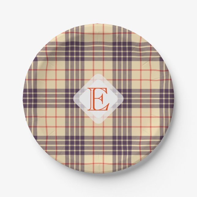 Monogram, elegant Scottish clan beige plaid tartan Paper Plate (Front)
