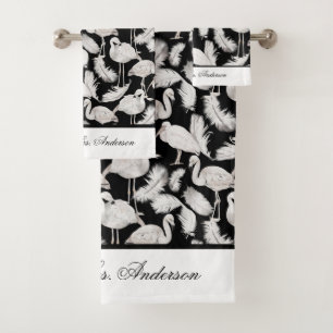 Monogram Elegant Script Black White Swan Feathers  Bath Towel Set