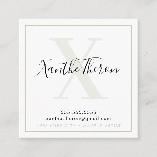MONOGRAM elegant script modern minimal sage green Square Business Card (Front)