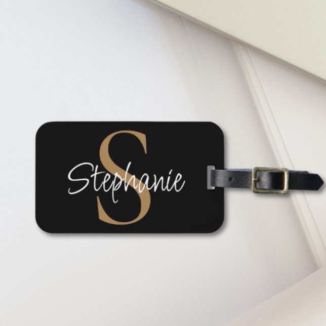 Monogram Elegant Script Name Black Gold  Luggage Tag (Creator Uploaded)