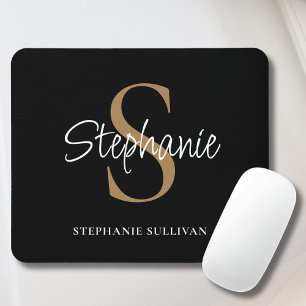 Monogram Elegant Script Name Black Gold Mouse Mat