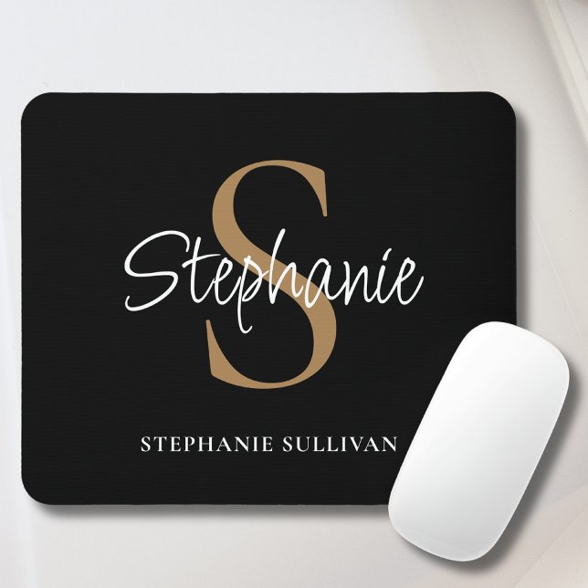 Monogram Elegant Script Name Black Gold  Mouse Mat (Creator Uploaded)