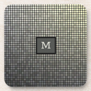 Monogram Elegant Silver & Black Squares Coaster