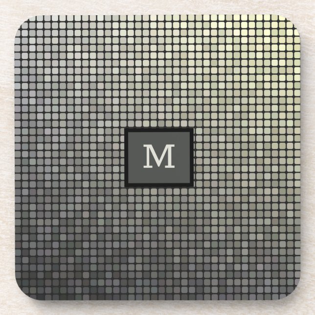 Monogram Elegant Silver & Black Squares Coaster (Front)