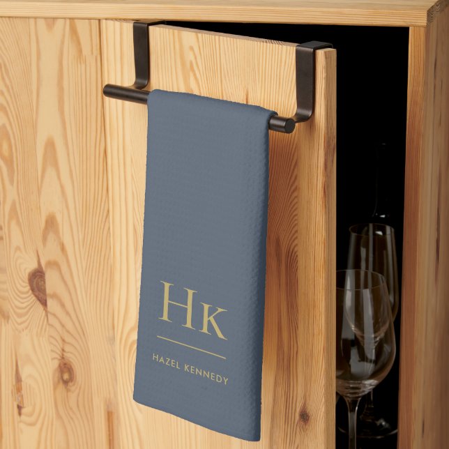 Monogram Elegant Simple Minimal Navy Blue Gold Tea Towel (Thirds Fold)
