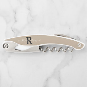 Monogram Elegant Taupe Script Initial Name Custom  Corkscrew
