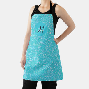 Monogram Elegant Teal White Girly Glitter Apron