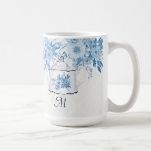 Monogram Elegant Teapot Dusty Blue n White Floral Coffee Mug
