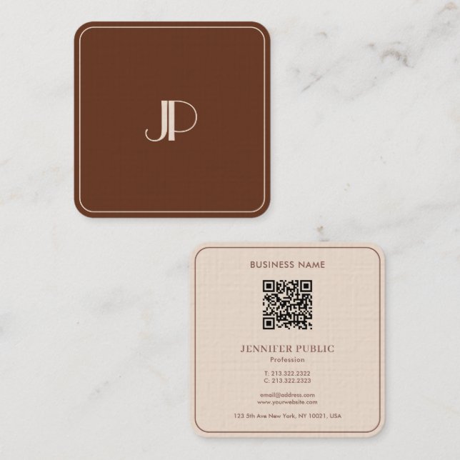 Monogram Elegant Terracotta Luxury Premium Linen Square Business Card (Front/Back)