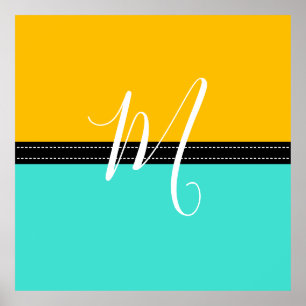 Monogram Elegant Turquoise & Amber Solid Color Poster