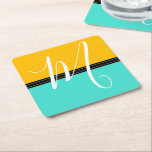 Monogram Elegant Turquoise & Amber Solid Colour Square Paper Coaster<br><div class="desc">Monogram Elegant Turquoise & Amber Solid Colour. Design is available on other products.</div>