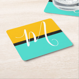 Monogram Elegant Turquoise & Amber Solid Colour Square Paper Coaster