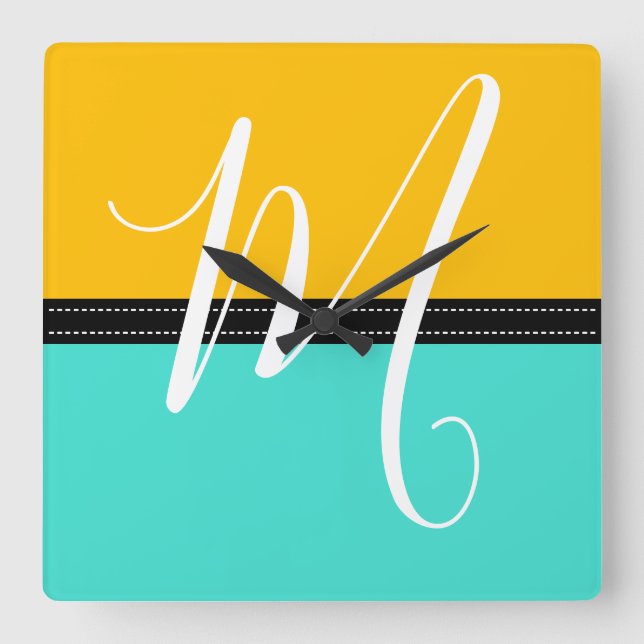 Monogram Elegant Turquoise & Amber Solid Colour Square Wall Clock (Front)