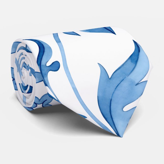 Monogram Elegant Vintage Blue Floral Pattern Tie (Rolled)