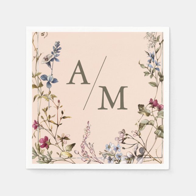 Monogram Elegant Vintage Floral Wedding Napkin (Front)