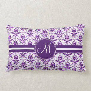 Monogram Elegant Vintage Purple and White Damask Lumbar Cushion