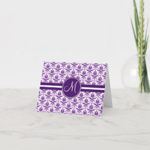 Monogram Elegant Vintage Purple and White Damask Note Card
