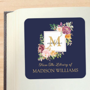Monogram Elegant Watercolor Rose Floral Bookplate Square Sticker